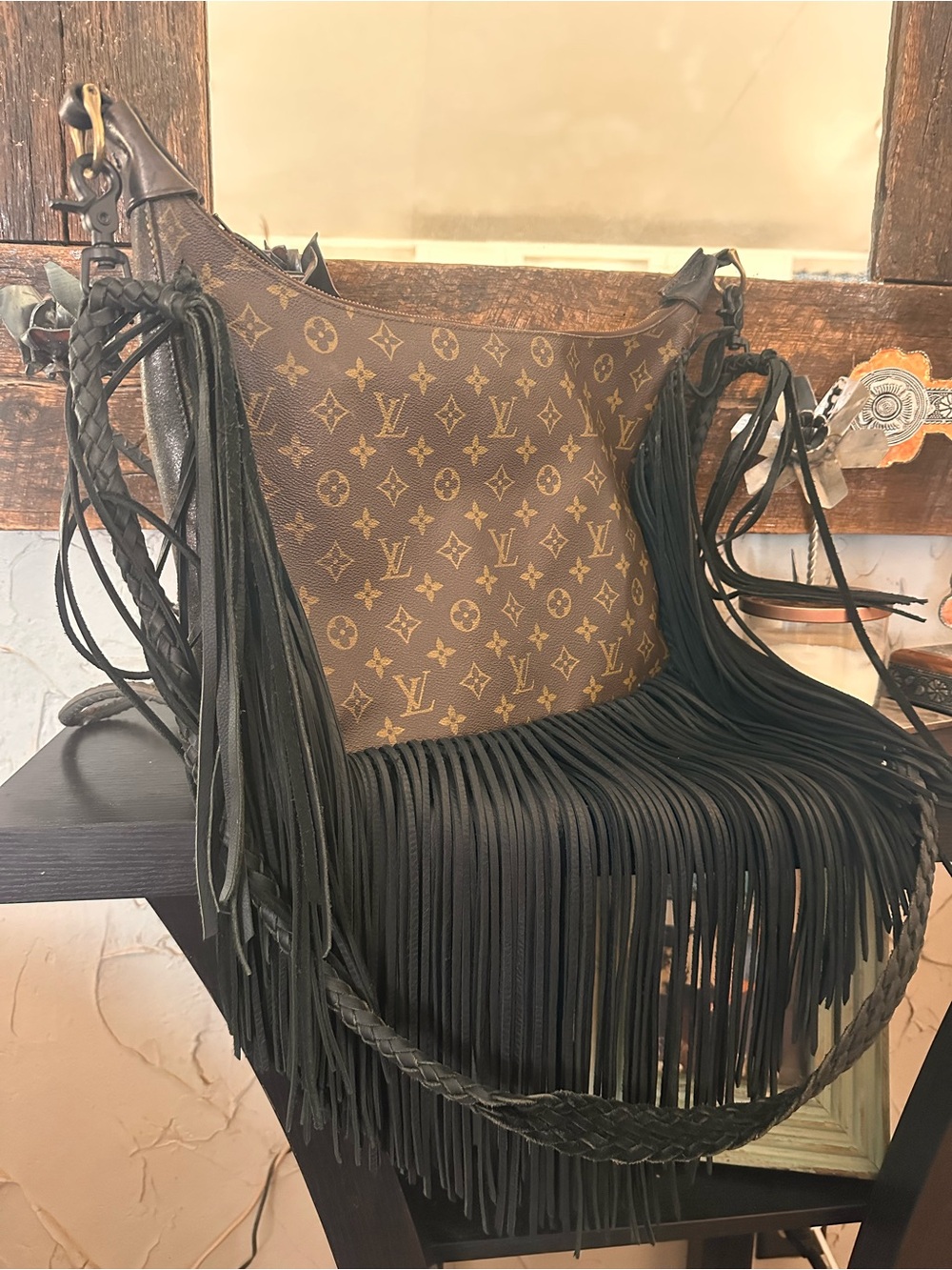 Louis Vuitton Brown Monogram Revamp with Black Fringe Crossbody Bag Vintage Boho - Picture 3 of 12